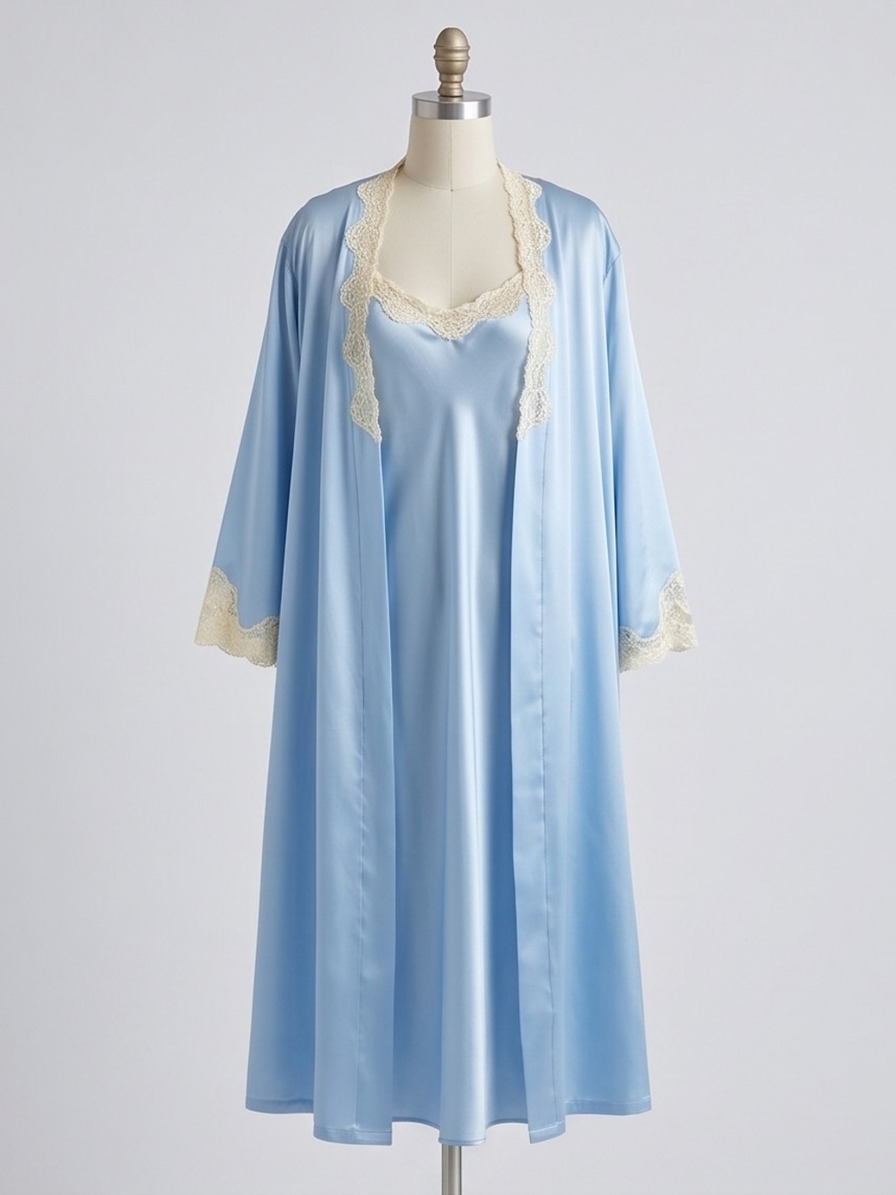 Valerie Stevens Lace Trim Nightgown & Robe Set in Light Blue